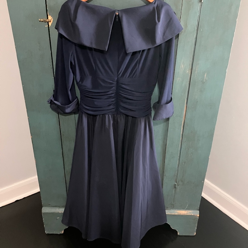 Navy Ballet Length Shawl Collar Chiffon and Satin Dress